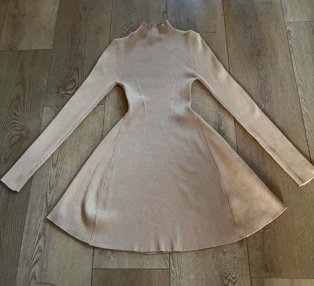 Klesis Long Sleeve Ribbed Knit Sweater Dress - Beige - Size L-Preused